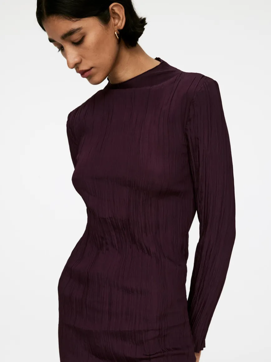 Mock-Neck Plissé Dress