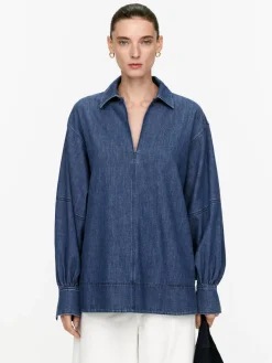 Puff-Sleeve Denim Blouse