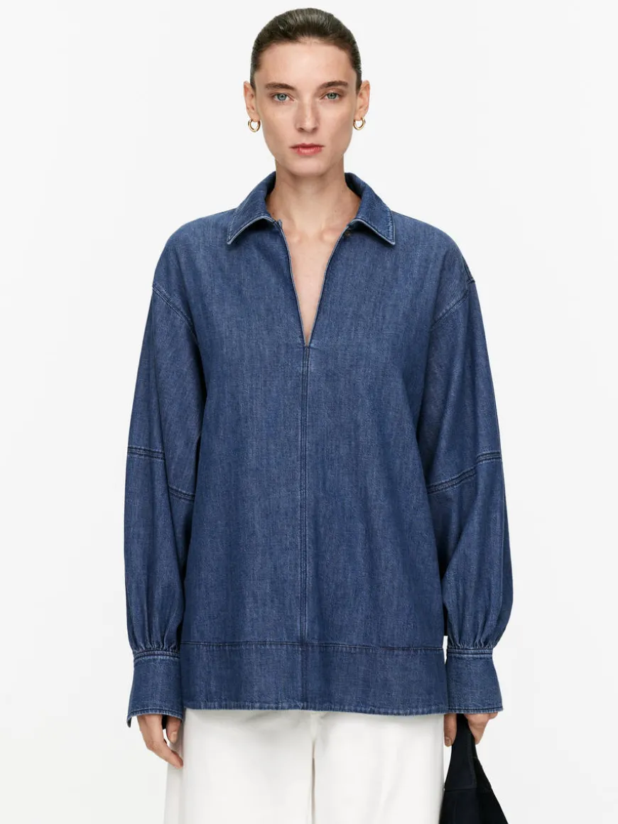 Puff-Sleeve Denim Blouse